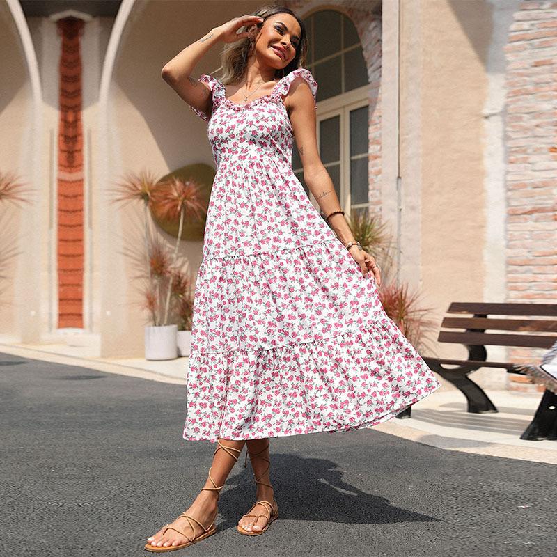 Summer fresh pastoral print ruffle edge sleeveless backless dress