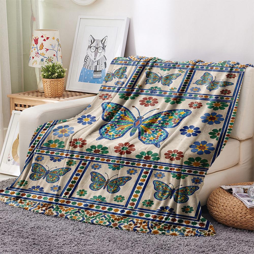 Moroccan Butterfly Print Flannel Blanket, High Quality Comfortable for All Seasons, Home Decor, Warmth and Comfort, Perfect for Christmas Gifts79