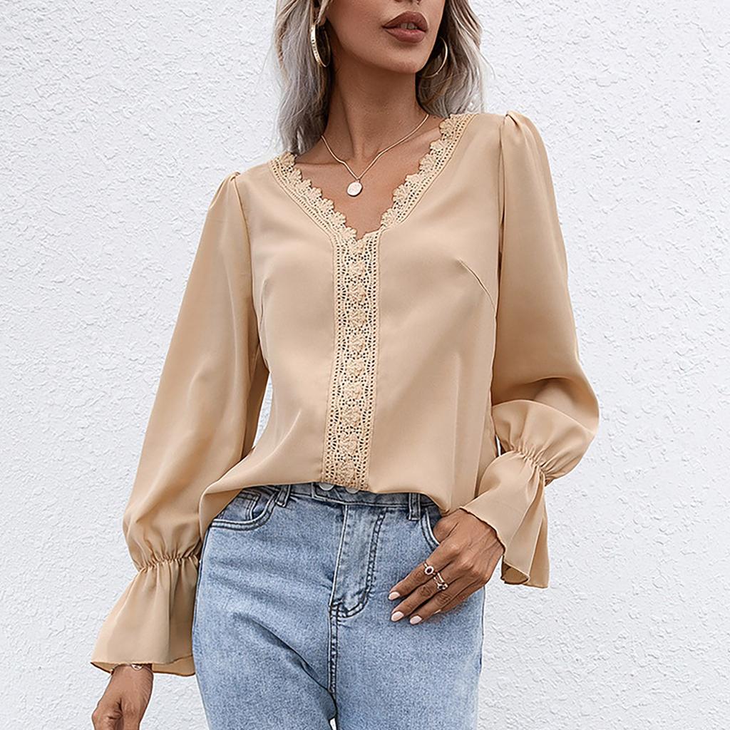 Womens Fashion  V-neck Long Sleeve Flared Sleeves  Lace Base Shirt Blouse Tops