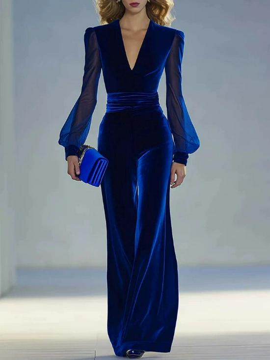 

Women s Spring/Autumn Gold Velvet Chiffon Patchwork Deep V-Neck Wide-Leg Jumpsuit Large темно-синього кольору