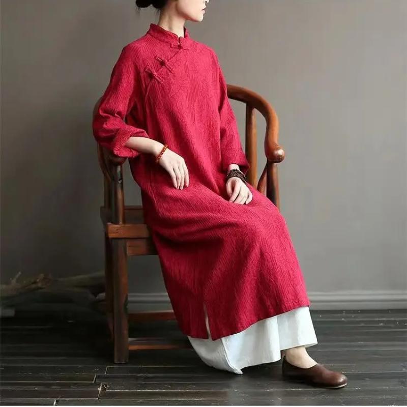Italian Women's Overstock Clearance Vintage Frog Button Cotton Linen Dress Casual Elegant Maxi Dress