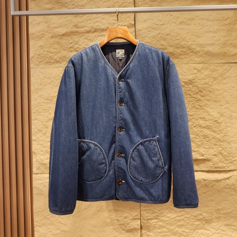 

Men s Retro Thickened Collarless Denim Jacket - Warm Winter Cotton Outerwear 2XL синій