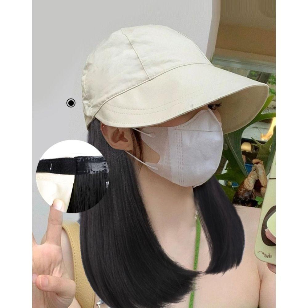 Bucket Hat Fisherman Hat with Wig Wide Brim Short Straight Hair Simple Women Sun Cap Wig  Travel
