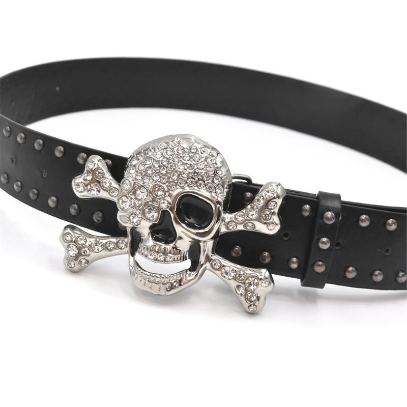 Punk Totenkopf Strass Nietenbesetzter Gürtel Für Männer Frauen Gothic Modeaccessoire mit Verstellbaren Schnallen