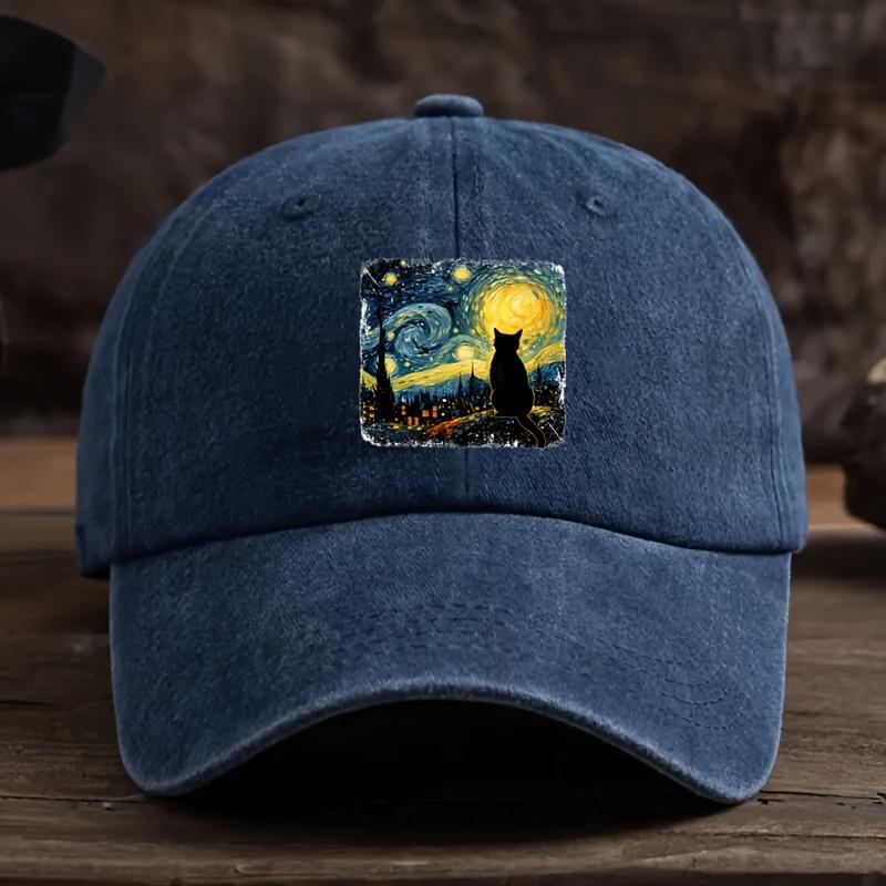 Unisex Waschbare Baseballkappe Verstellbar Van Gogh Schwarze Katze Muster Mütze Weich Retro Stil Kappe Geeignet für Jede Jahreszeit