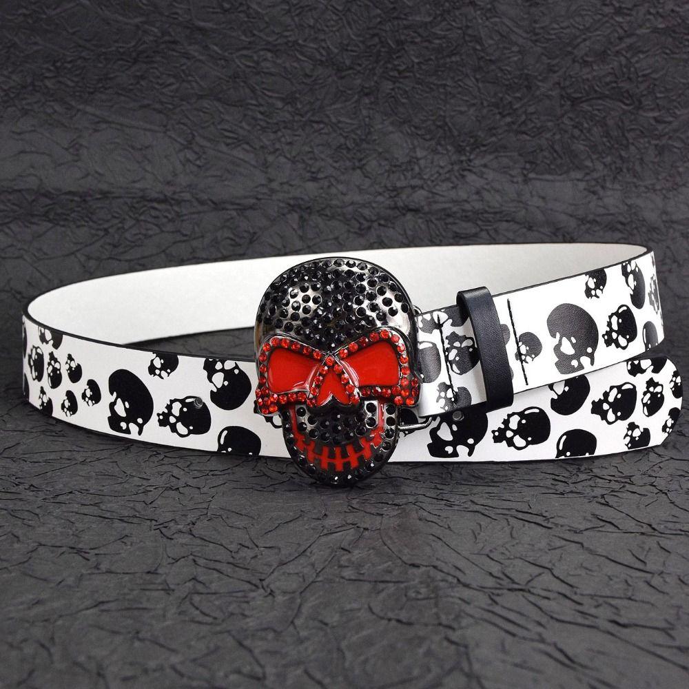 Rhinestone Skull Print Belt Pu Leather Halloween Skeleton Waistband  Belt Accessories