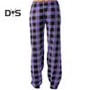 Women Pants High Elastic Waist Drawstring Wide Leg Loose Contrast Color Plaid Print Casual Soft Breathable Pockets Full Length Lady Long Trousers