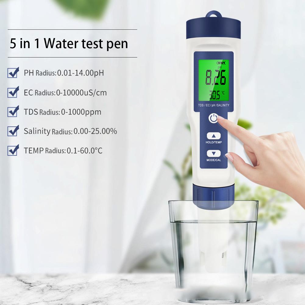 5-in-1 Water Tester Water Quality Tester High Accuracy Digital PH Tester Backlight PH/EC/TDS/Salt/Temp Meter for Drinking Water