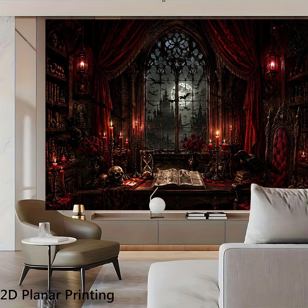 1 piece of 2D flat banner, Gothic Study Full Moon Night, indoor and outdoor courtyard decoration background fabric.zyc