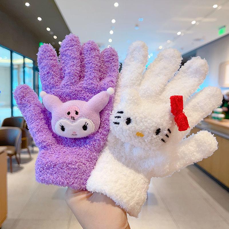 1Pair Kawaii Cute Kuromi Melody Cinnamoroll Kt Cat Gloves Cartoon Five Finger Gloves Autumn Winter Warm Student Gloves