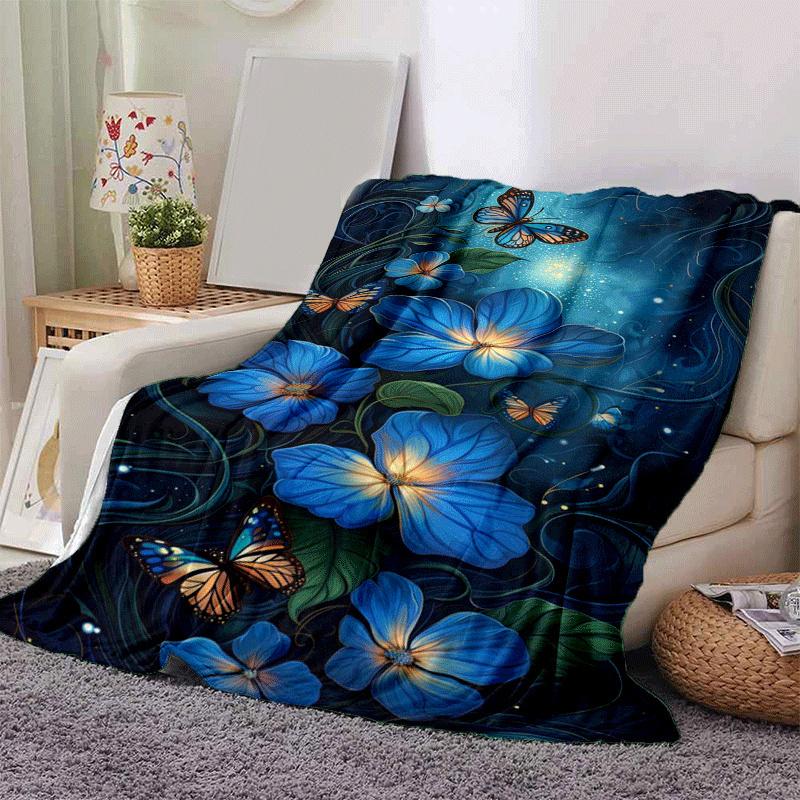 1pc Butterfly Flower Printing Lightweight Flannel Blanket, Comfortable and Warm Blanket, for Camping Sofa Bed and Couch Office, Gift