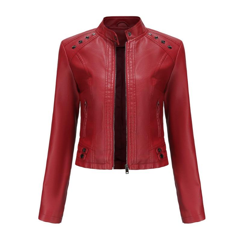 Women's New Rivet Leather Jacket Women's Spring and Autumn Jacket Long Sleeve Women's Jacket Stand-Up Collar Fashion Jacket -