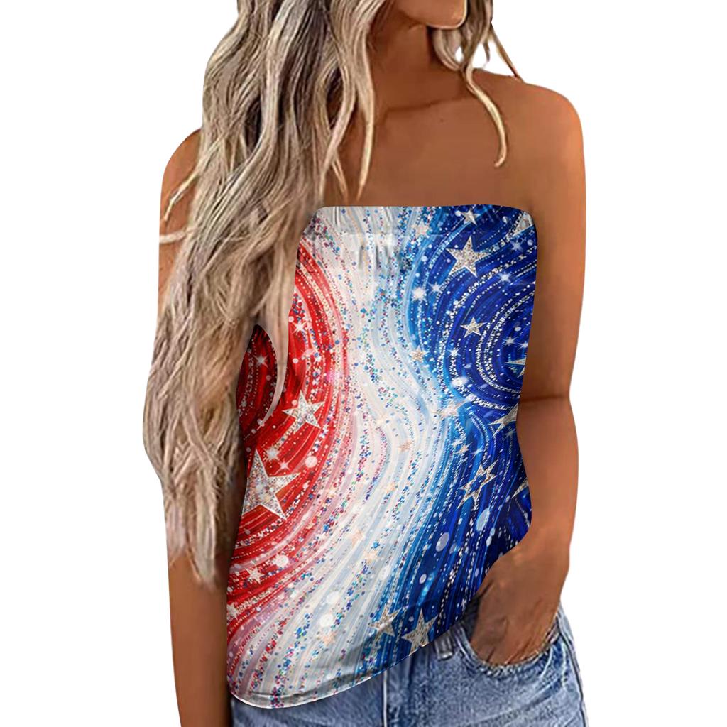 Women's Summer Sexy Strapless Off-Shoulder Elastic Band Design Independence Day Print Top