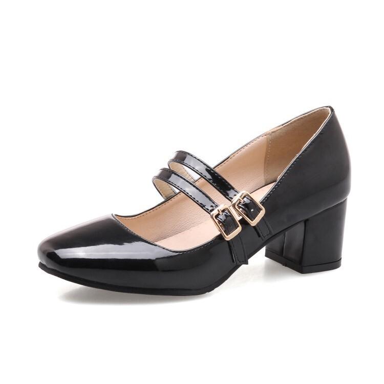 New Belt Buckle Shallow Spring and Autumn Single Shoes Thick Heel Medium Heel Professional Shoes