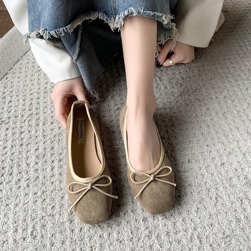 Fashion French Flat Velvet Single Shoes, Ballet Shoes, 2025 New Model, Shallow Bow, Gentle Insole, Height-increasing Single Shoes