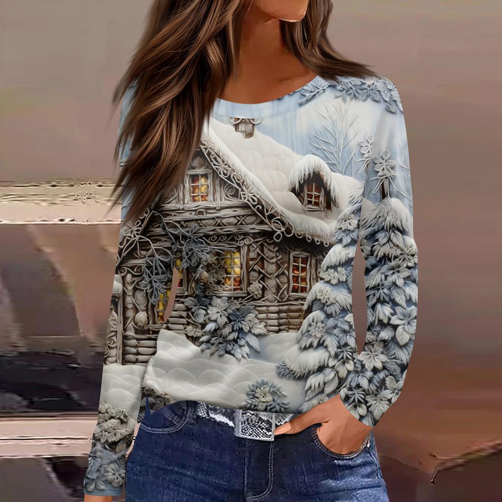 Women's Fashion Casual Slit Hem Round Neck Long Sleeve Loose Christmas Printed T-Shirt Ladies Top