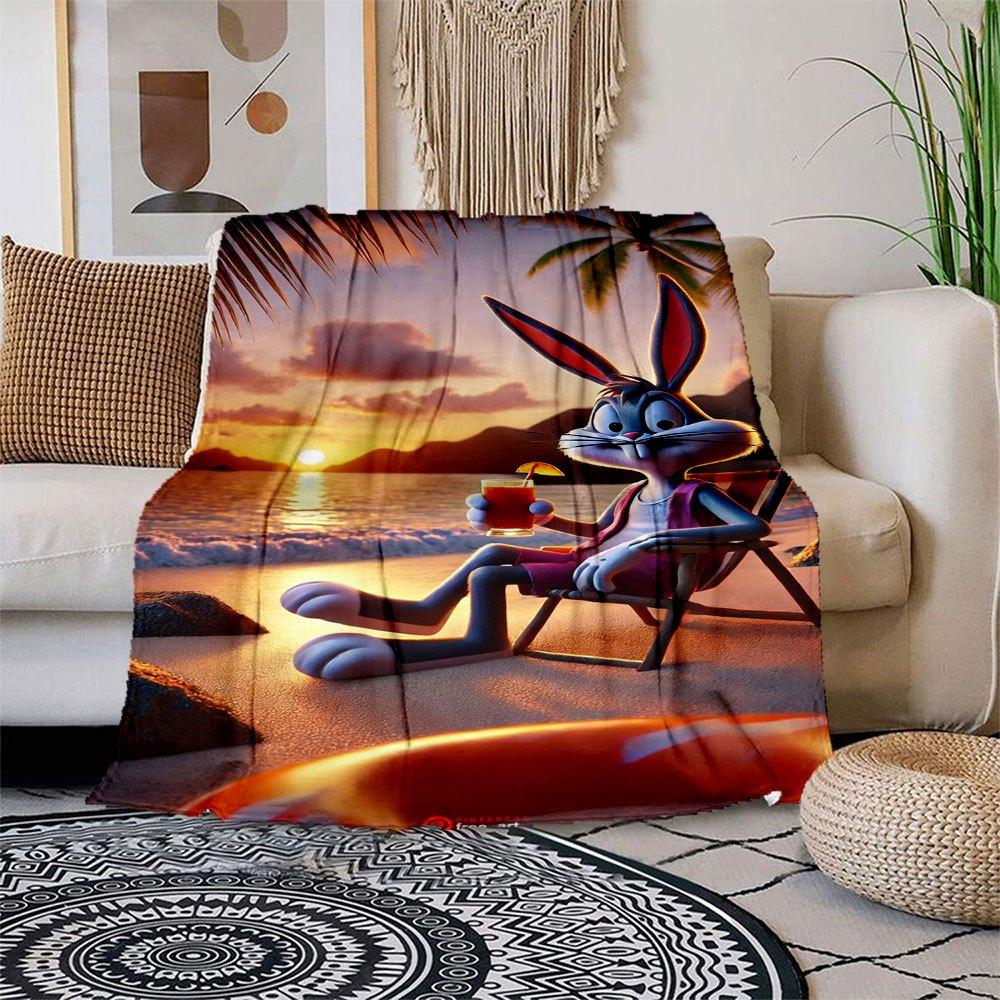 

Relaxing Bugs Bunny Beach Sunset Scene Wall Art Print Blanket Flannel Throw Blanket for Sofa, Bed, Travel, Camping, Office 100x150cm