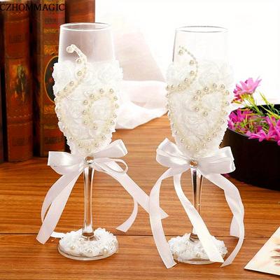 1 Pair Wedding Champagne Glasses Bride And Groom Champagne Flutes Premium Lace Decor Wine Goblet For Bar Pub Club Restaurant And Home Use Drinkware Fo