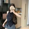 Korean black sleeveless striped shirt women's summer design halter waist lace-up shirt short Spice Girl top
