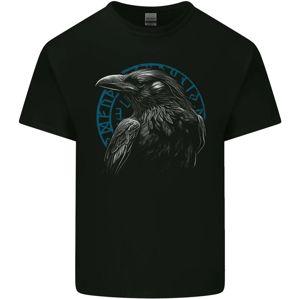 A Raven in Viking Symbols Text Valhalla Unisexs Cotton TShirt Tee Top S