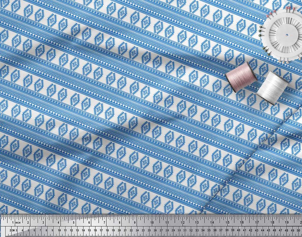 Soimoi Blue Japan Crepe Satin Fabric Aztec Geometric Printed Craft Fabric by the Metre 42 Inch