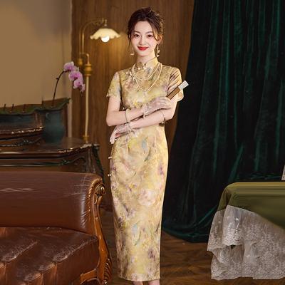 Womens Modern Chinese-Inspired Long Cheongsam Dress With Stand Collar 3D Floral Jacquard Satin Short Sleeve 2025