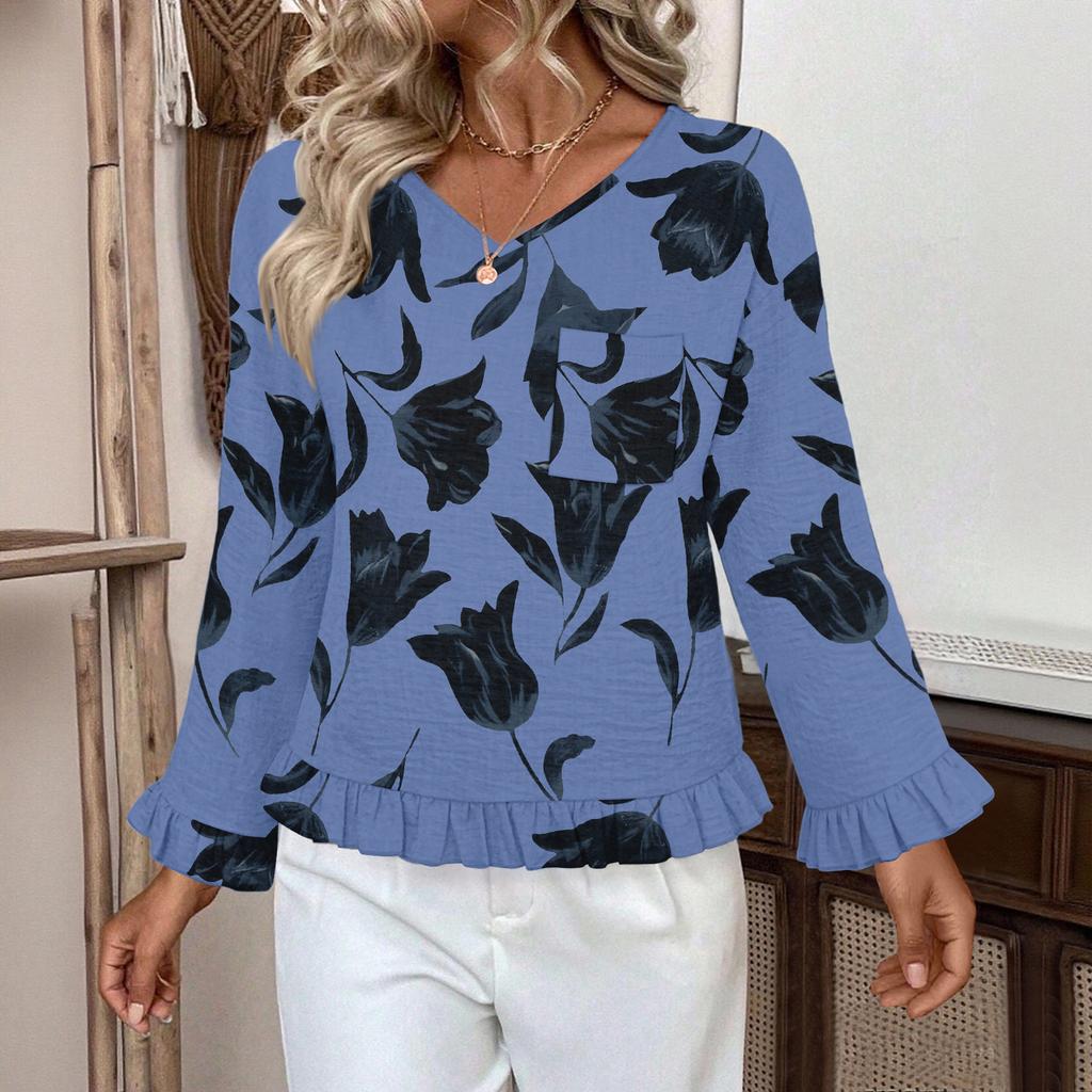 Women's Casual Fashion Ruffled V-Neck Pocket Floral Print Long Sleeve Top