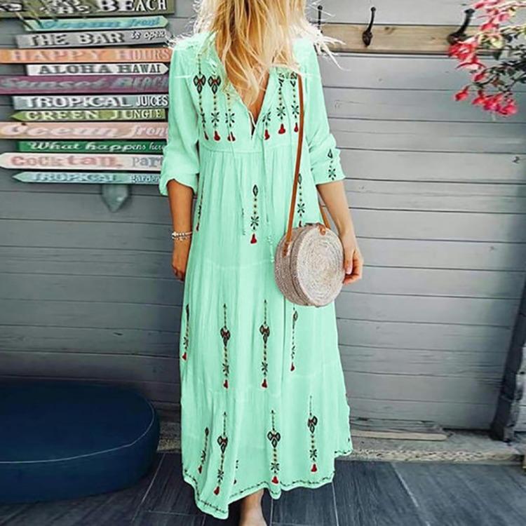 Damenmode Retro V-Ausschnitt Locker Langarm Maxi-Kleid mit Druck