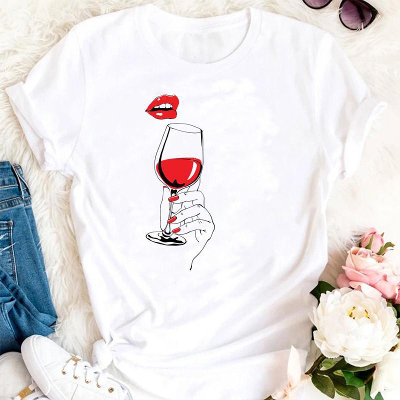 Womens Fashion Wine Glass Print Trendy Womens Base Layer Halfsleeved Womens Wear Shortsleeved Women Tshirt for Summer