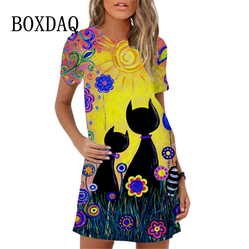 Women's Hip-hop Casual Short Sleeved O-neck A-line Skirt Mini Skirt Street Style Loose Cartoon Printed Dress