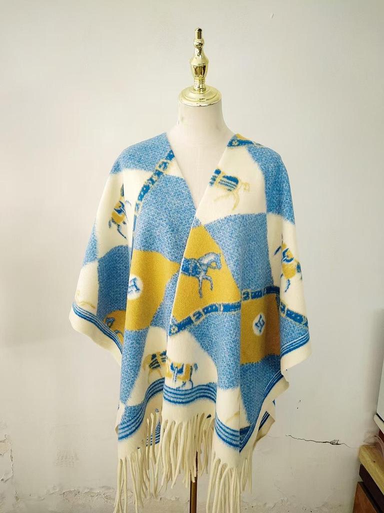 Elegant Ethnic Ink Painting Cape Shawl with Tassels - Versatile Travel Scarf Cloak