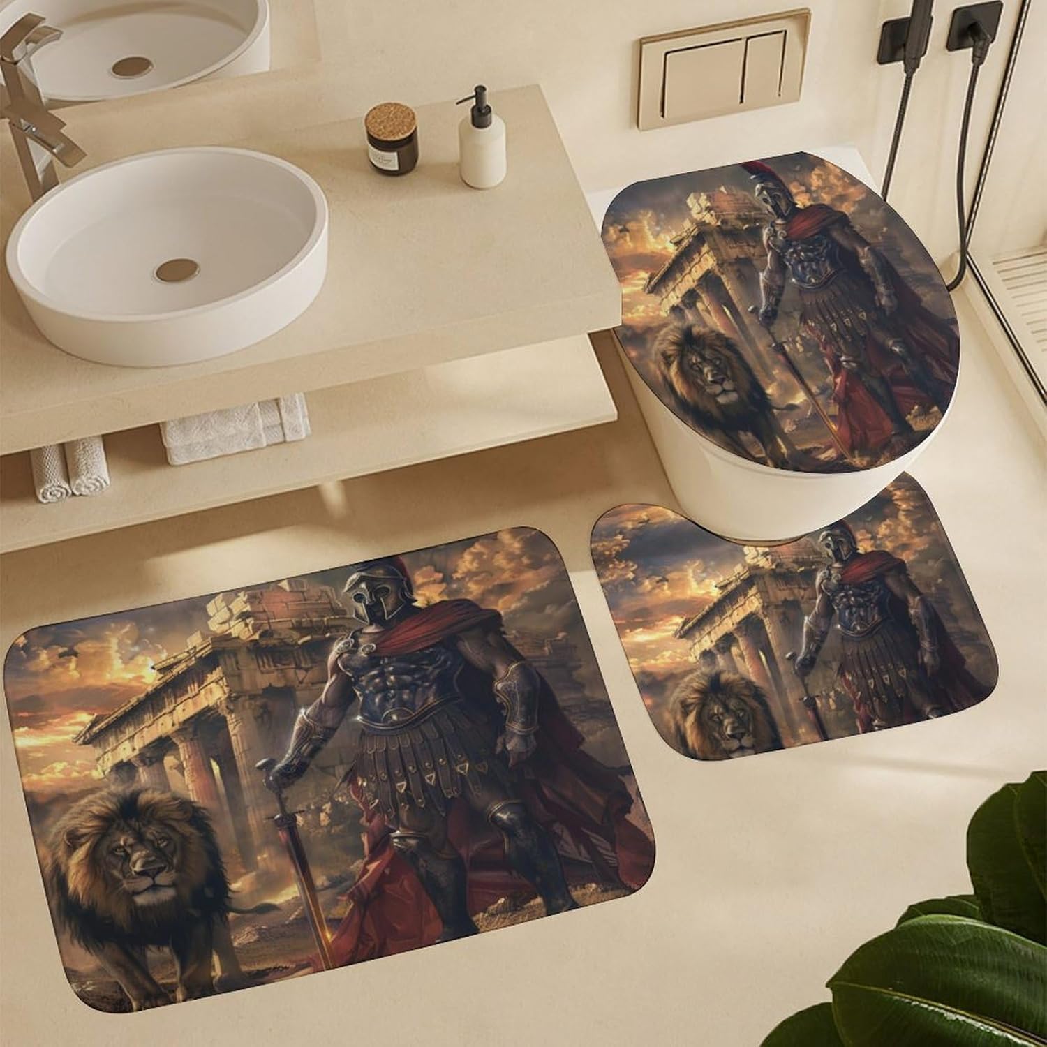 

Vintage Spartan Lion Print 4 Pcs Waterproof Shower Curtain Set,Abstract Architecture Temple Sunset Greek Spartan Warrior Designs with Waterproof Abstract Boho Spartan War