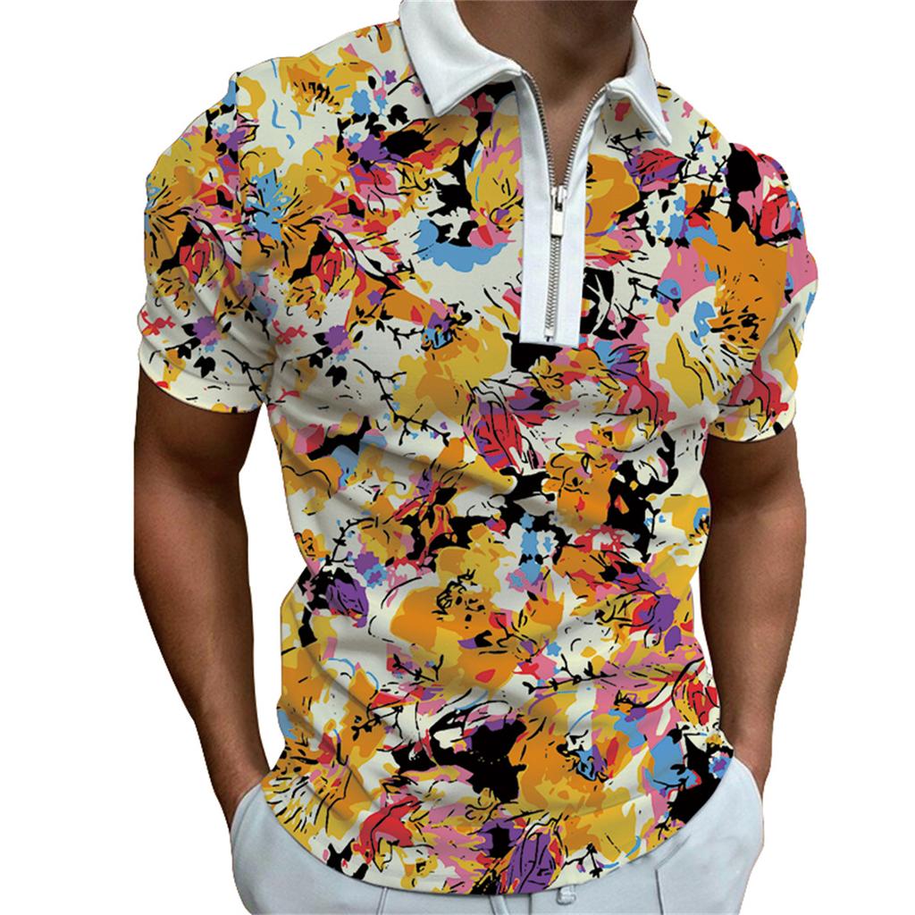Men's fashion personalized short sleeve zipper POLO shirt men's printed lapel POLO shirt T-shirt