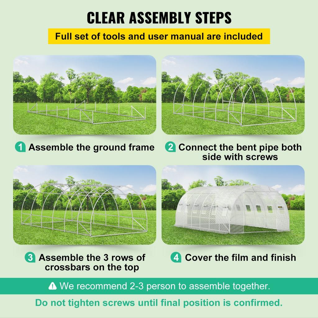 VEVOR Estufa Túnel Walk-in, 609,6 x 304,8 x 213,4 cm Estufa Portátil para Plantas com Arcos de Aço Galvanizado, 3 Vigas Superiores, 4 Hastes Diagonais