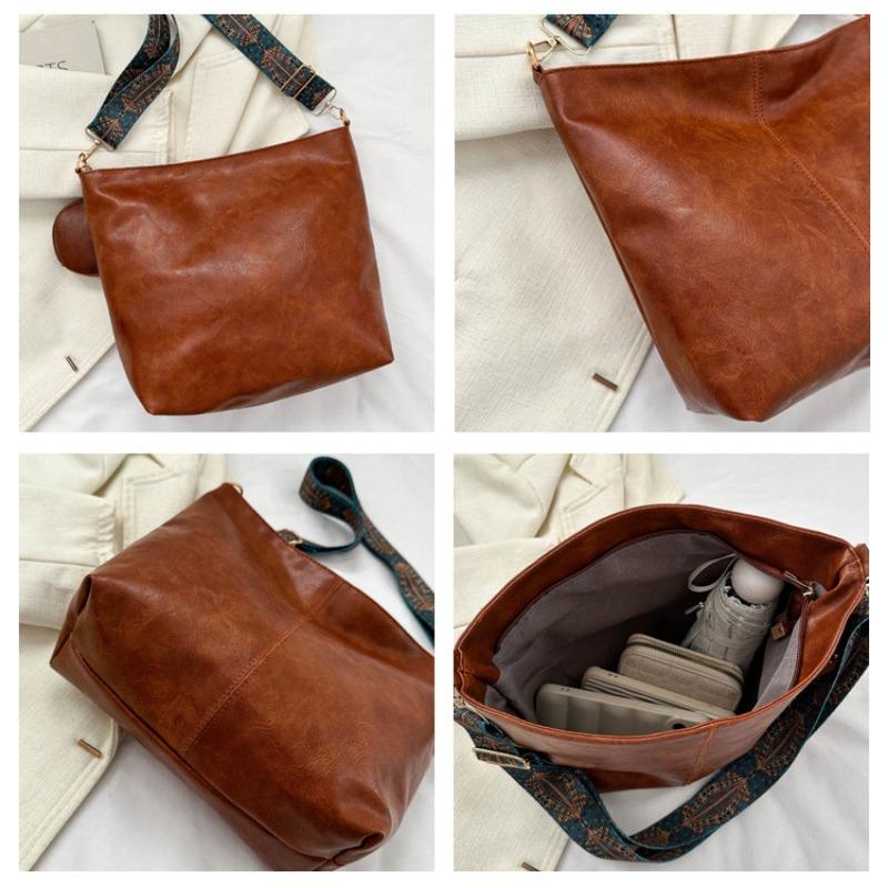 Geantă Tote de Damă Vintage, Geantă de Umăr Sling din Piele PU la Modă, Capacitate Mare, Simplă, cu Curea Lată, Tip Găleată, Crossbody, Modă