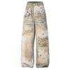 Popolare stampa vecchio stile americano retrò moda alta strada pizzo jeans larghi dritti a gamba larga pantaloni uomo