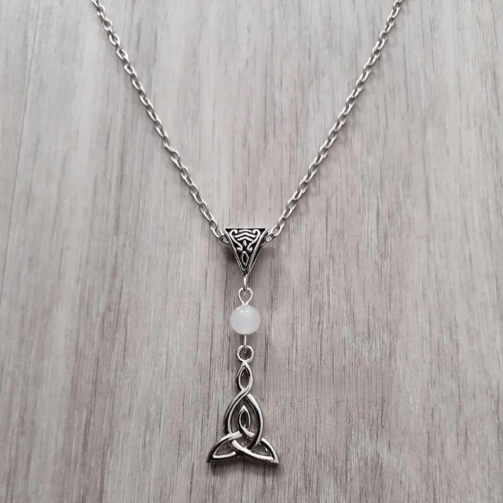 Victorian Gothic Celtic Knot Necklace with White Jade Beads Pagan Elf Jewelry
