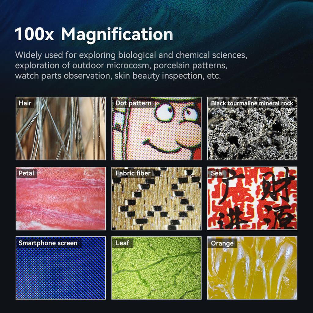 APEXEL APL-MS100 100X Mikroskoplinse for mobiltelefon med LED/UV-lys Innebygd CPL-filter Batteri