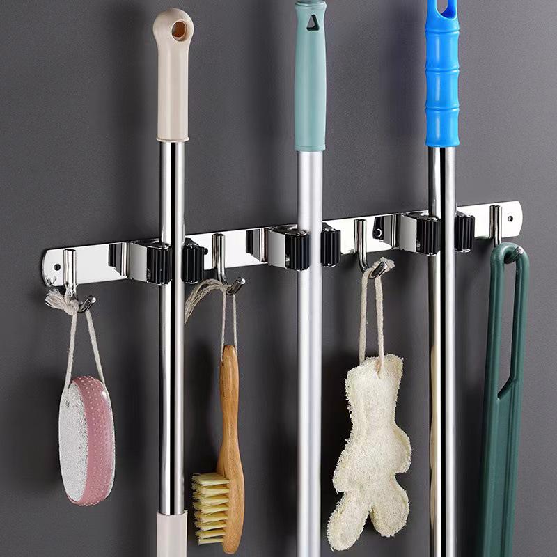 Stainless Steel Punch-Free Mop Holder with Black & Green Clips for Bathroom or Balcony Storage