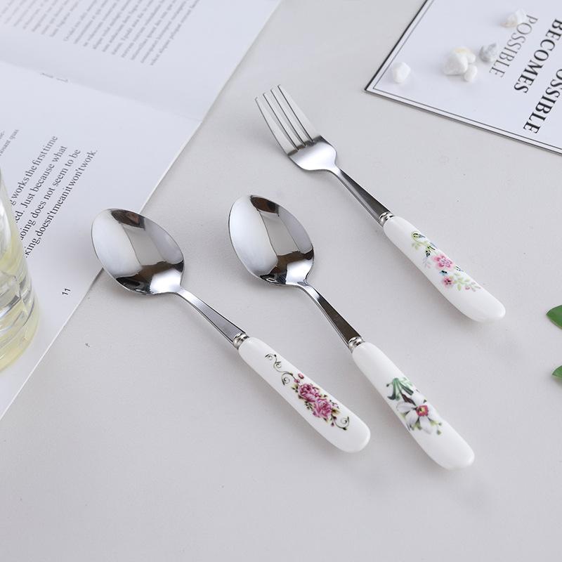 Floral ceramic handle fork rice spoon tableware stainless steel soup coffee ice spoon dessert household mixing spoon 5pcs