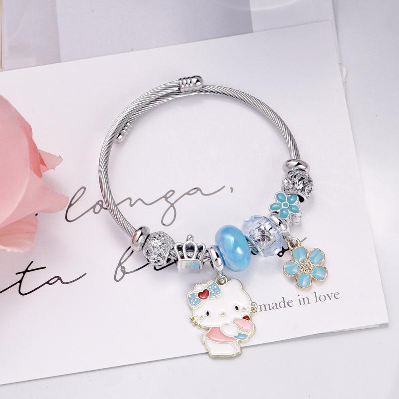Delicate Five-Petal Flower Pendant Stainless Steel Beaded Bangle Bracelet For Women