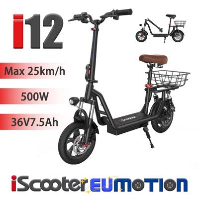 iScooter Skládací elektrická koloběžka I12 s 12" velkým kolem, zadním košíkem, sedadlem, 500W motorem, 36V7.5Ah baterií, LED displejem, kotoučovými brzdami