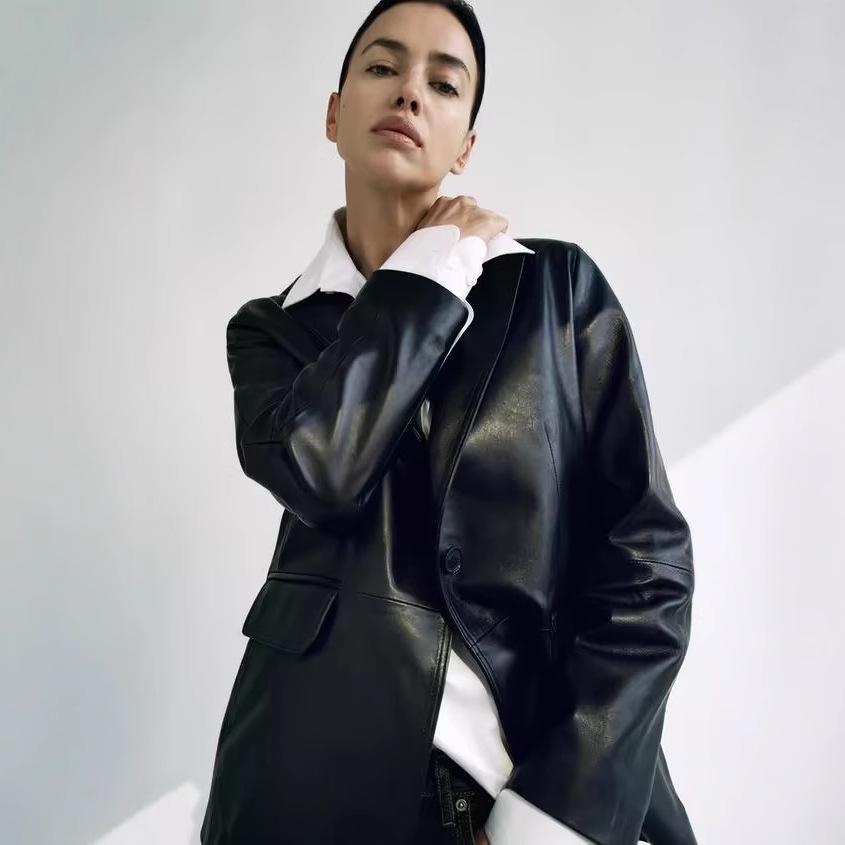 Women's 2024 Retro Single-Button PU Leather Long-Sleeve Suit Jacket