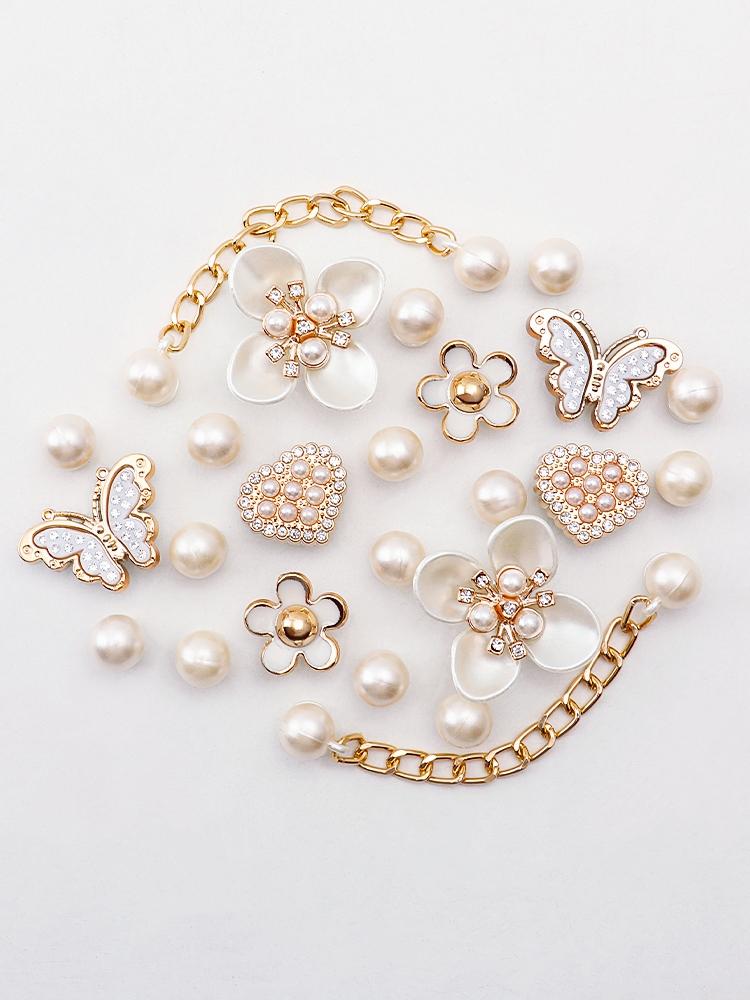 Set Diamond Butterfly Rhinestone Detachable Chain Buckle Pink Shoe Flower Set Creative DIY Pearl Shoe Charms Shoe Decoration