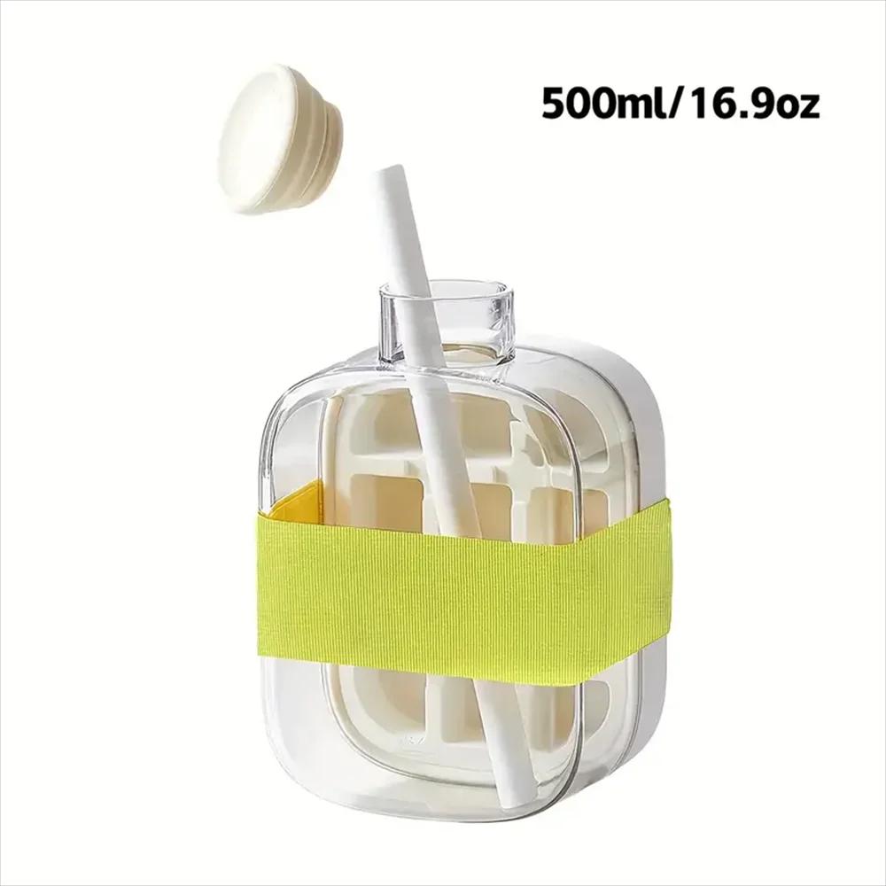 Ice Cube Bottle with Straw, 2 In 1 Touch-Free Push-Type Ice Cube Making Bottle, Easy Release Water Bottle Ice Mold