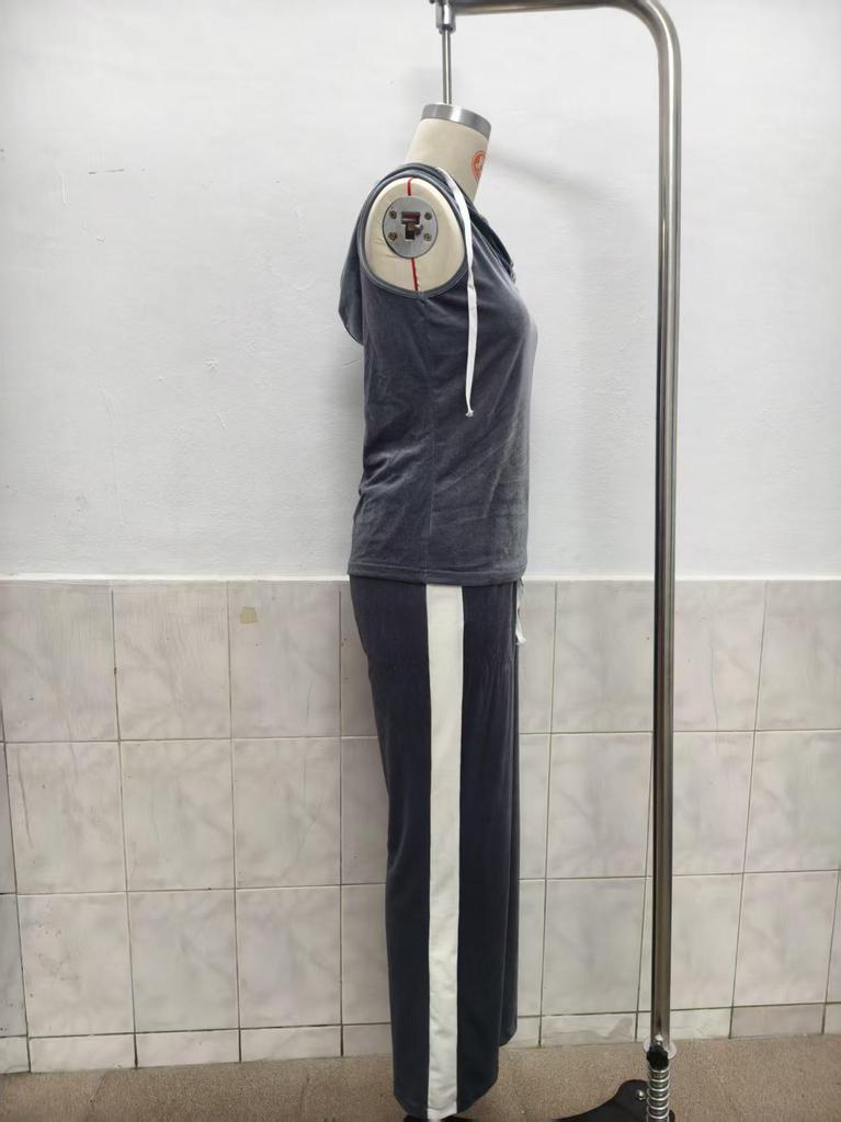 Europäisches Mode Gold Samt Ärmelloses Kapuzentop & Hose Set - Lässiger Stil