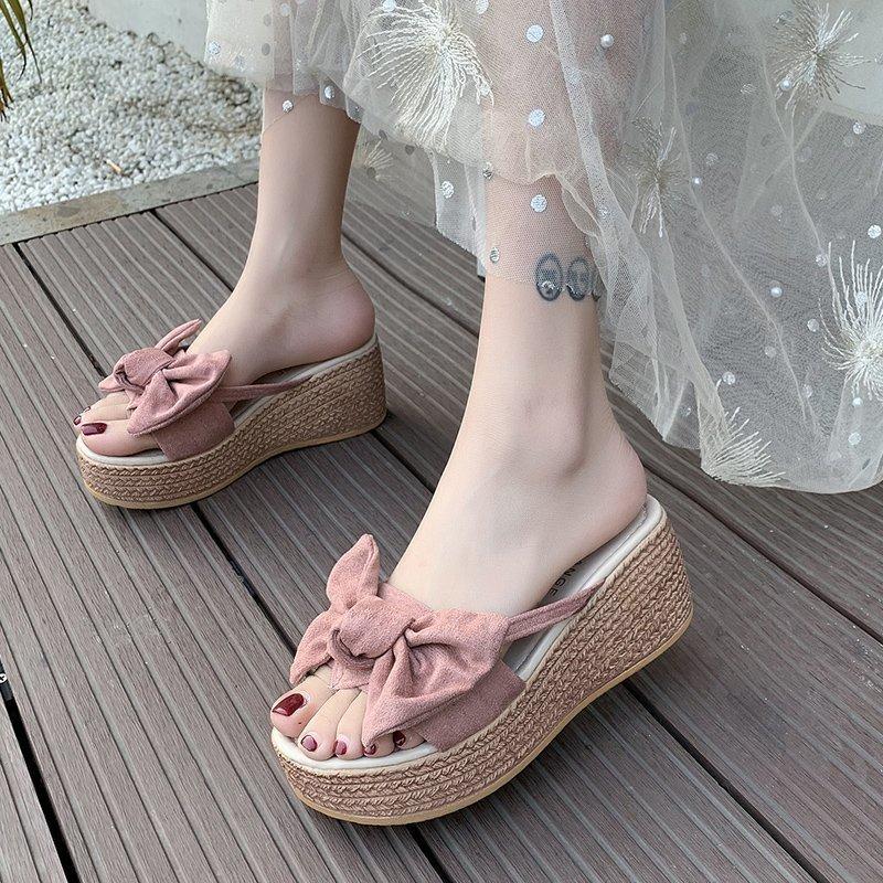 Summer new bow thick bottom slope heel cool slippers wear one-character bow slippers