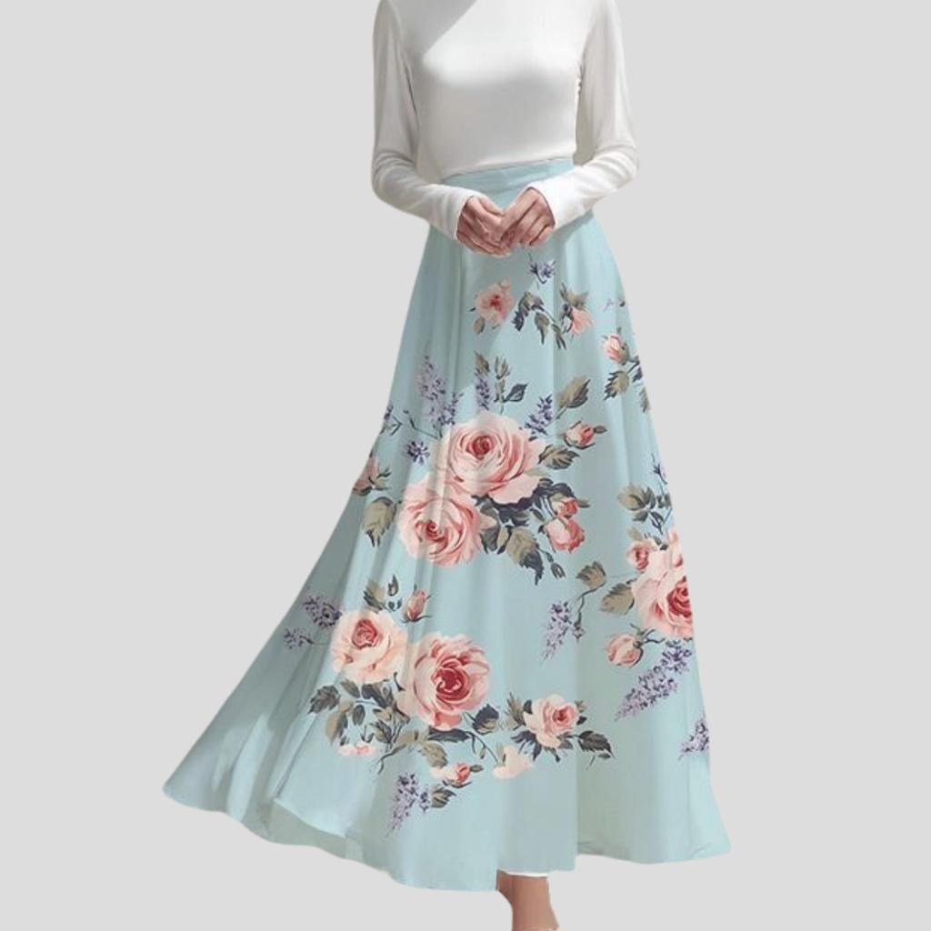 Spring Summer Women's Bohemian Printed Skirt High-Waist A-Line Long Floral Skirt