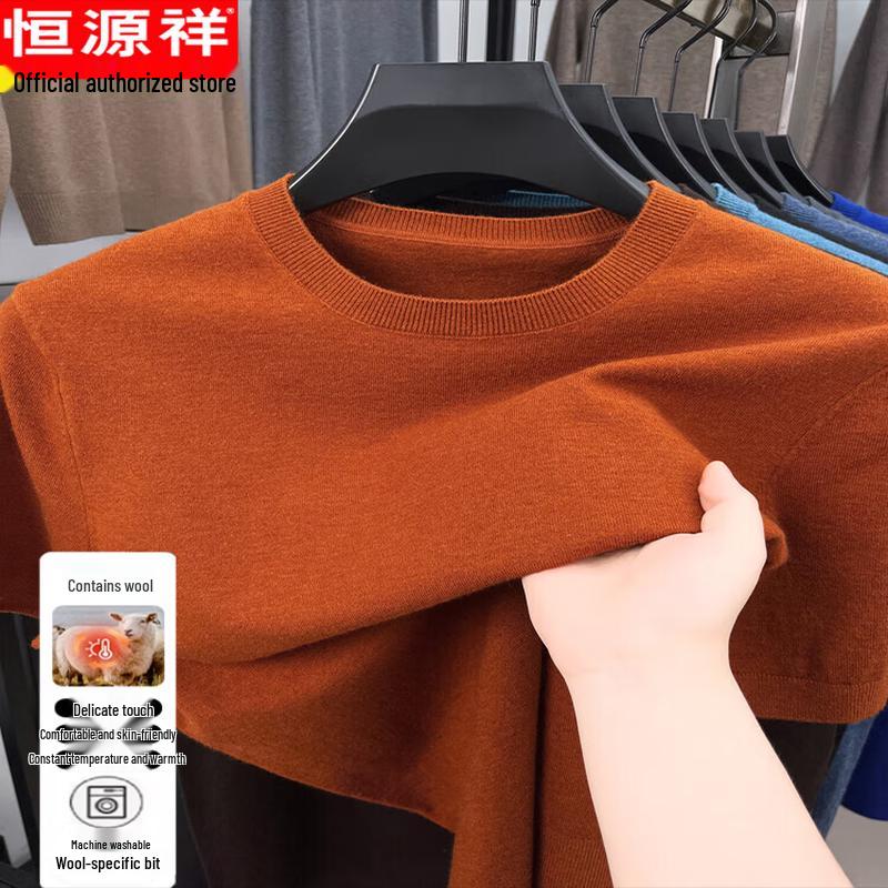 Hengyuanxiang Men's Thickened Round Neck Short Sleeve Wool Blend Sweater