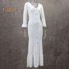 Spring Fall Women Dress Button Decor V Neck Knitted Long Sleeves Slim Fit Patchwork Fishtail Hem Solid Color Stretchy Maxi Dress